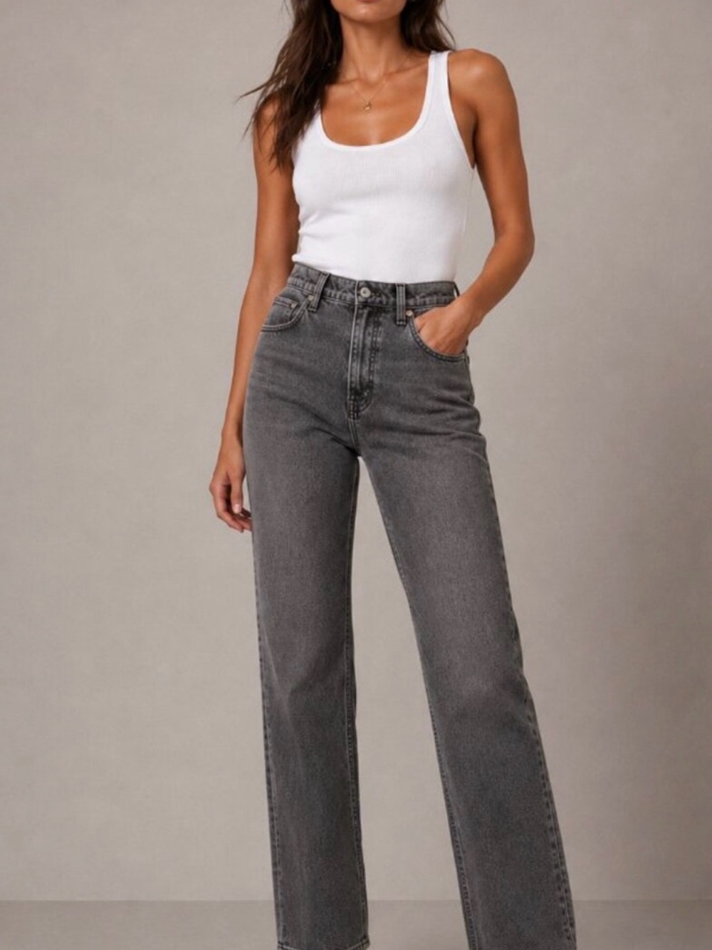 Abercrombie & Fitch High-Rise Straight Jeans in Light Gray Wash